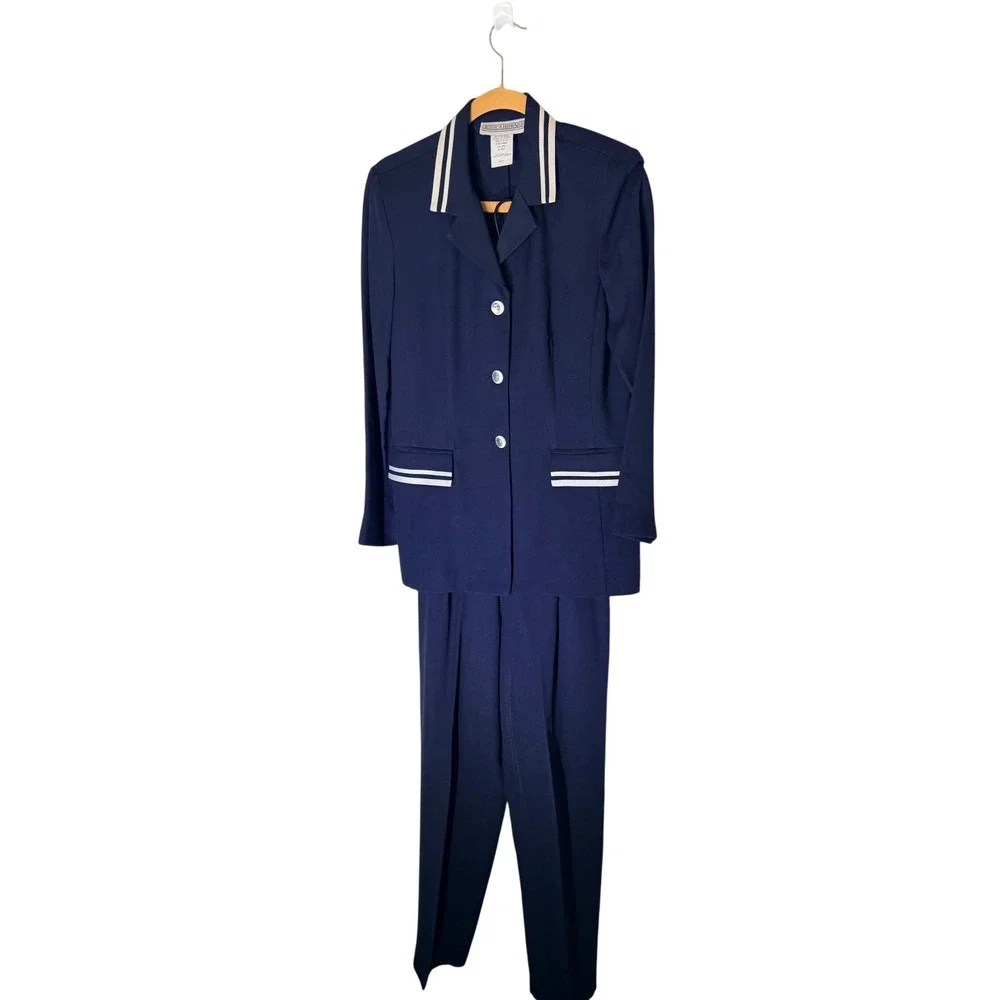 Jessica Howard Navy Blue Nautical Pant Suit Set White Stripe Trim Size 8 USA